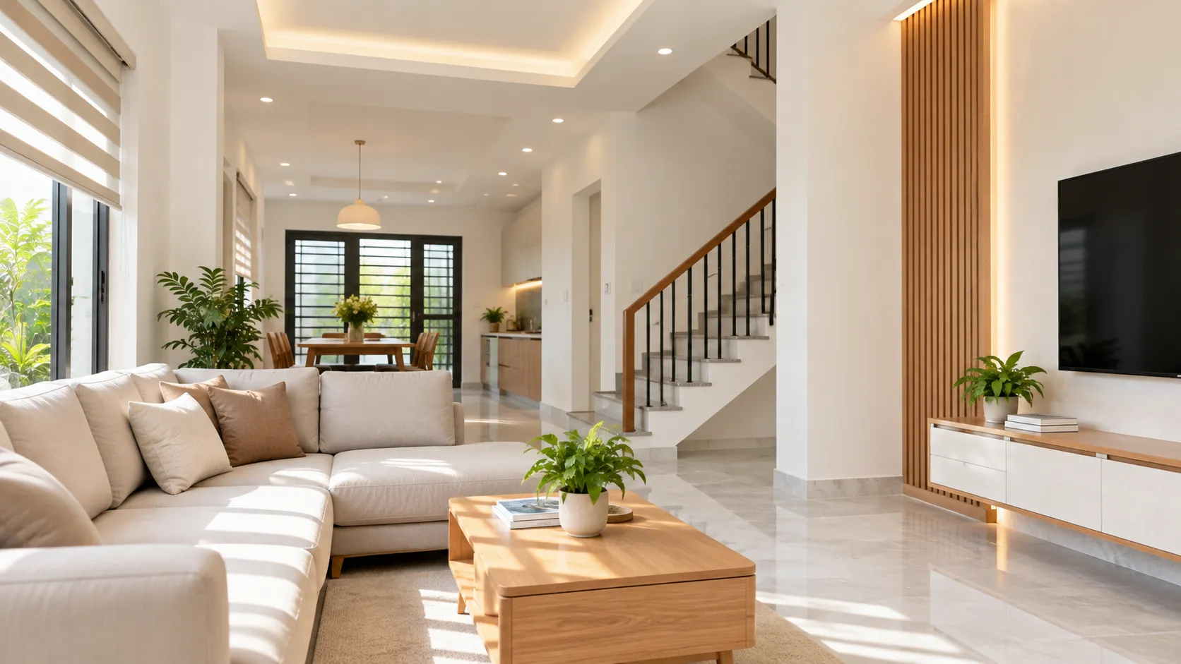 Không gian phòng khách nhà Việt Nam sáng thoáng sau sơn sửa